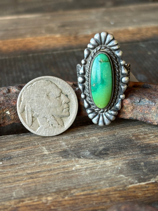 Vintage Fred Harvey Eara Sterling Silver & Royston Turquoise Ring Size 6-9 Adj.