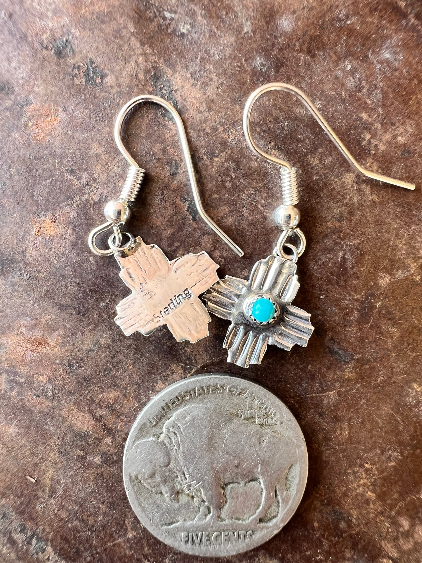 Dainty Handmade by Lucille Platero (Navajo) Turquoise & Sterling Silver Zia Earrings 1 3/8” Length