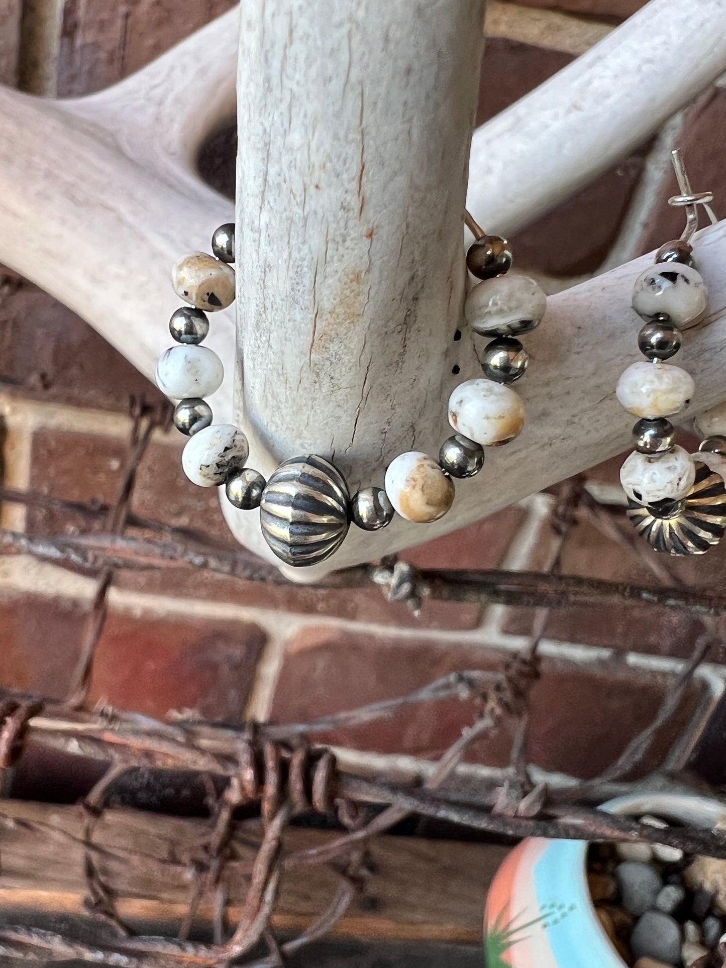 White Buffalo & Sterling Bead Hoop Earrings