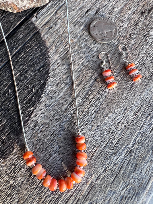 Southwest Orange Spiny & Sterling Liquid Silver Necklace & Earrings Set