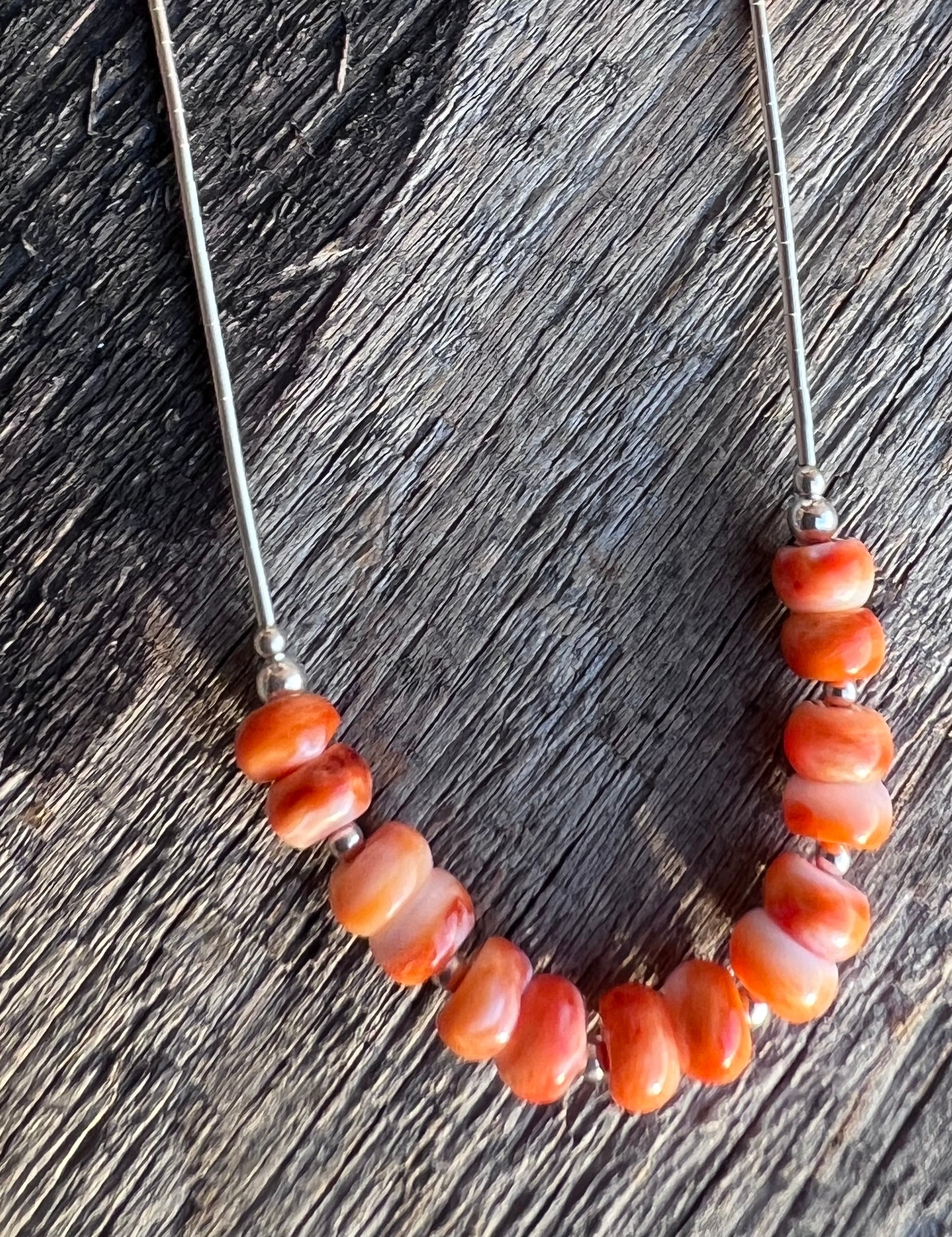 Southwest Orange Spiny & Sterling Liquid Silver Necklace 16”