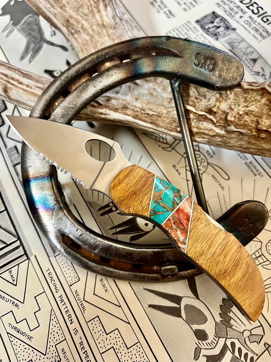 Beautiful Pocket Knife with Wood, Turquoise & Coral Inlay. 
3.5”