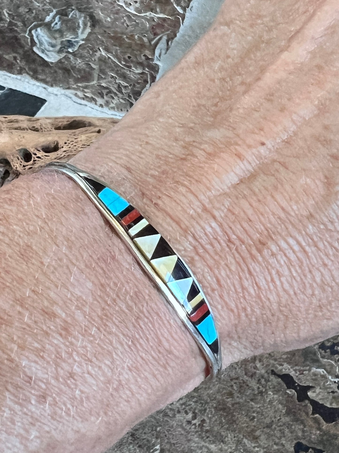 Native American Zuni Sterling, Turquoise, Jet, Red Coral & Shell Inlaid Cuff Sz 6