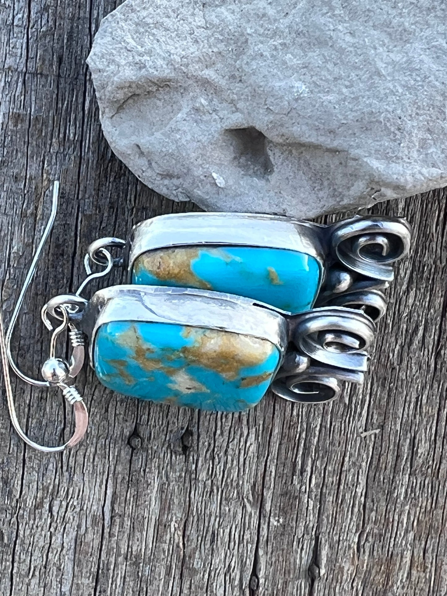 Native American Handmade by Miranda Willie. Sterling & Turquoise Square-shaped Dangle Earrings 1.75”