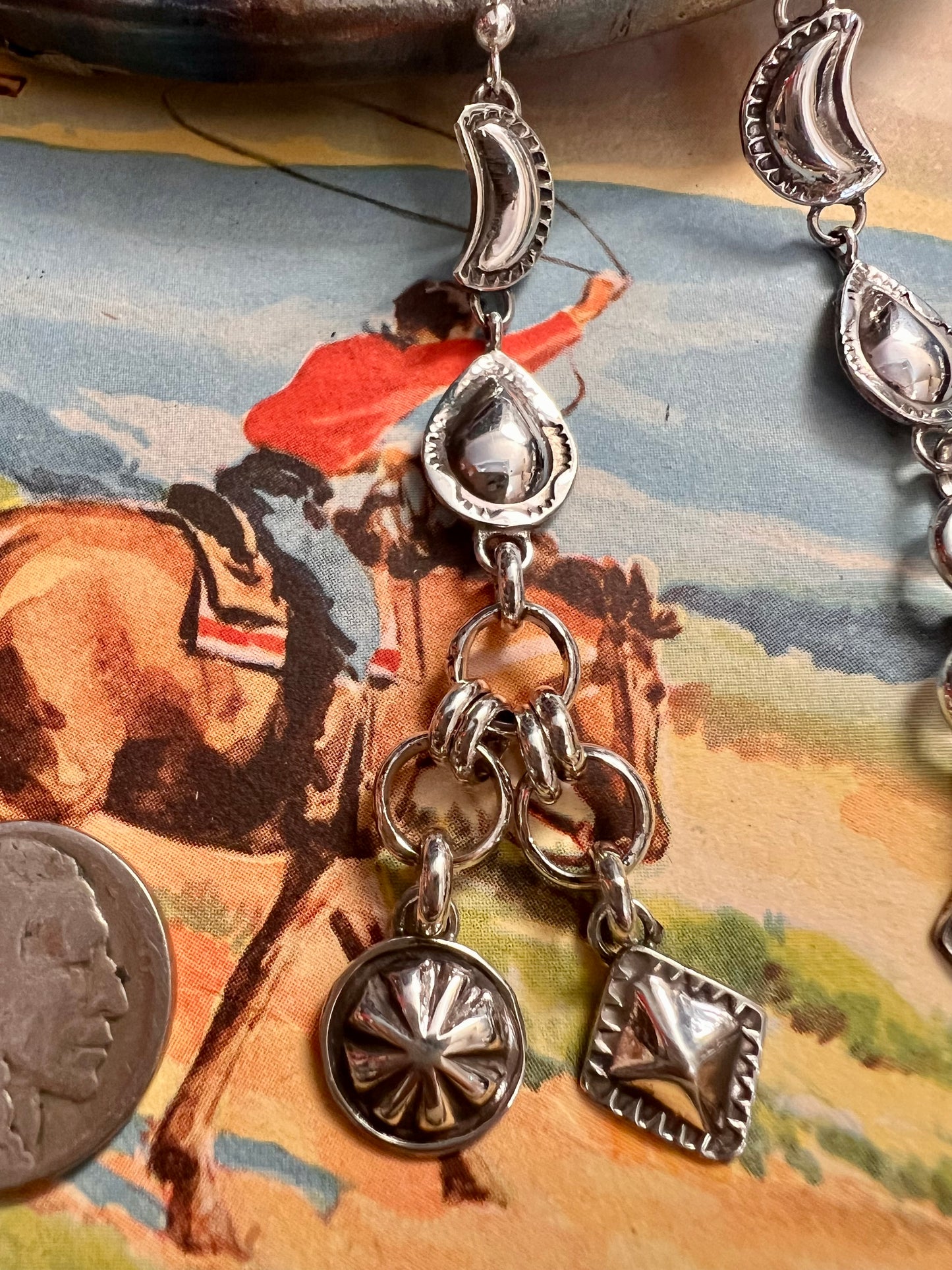 Navajo Handmade by Dakota Willie- Sterling Silver Dangle Earrings 3.4” long