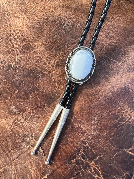 Handmade White Buffalo and Sterling with Black Braided Leather Bolo Necklace with Sterling Tips