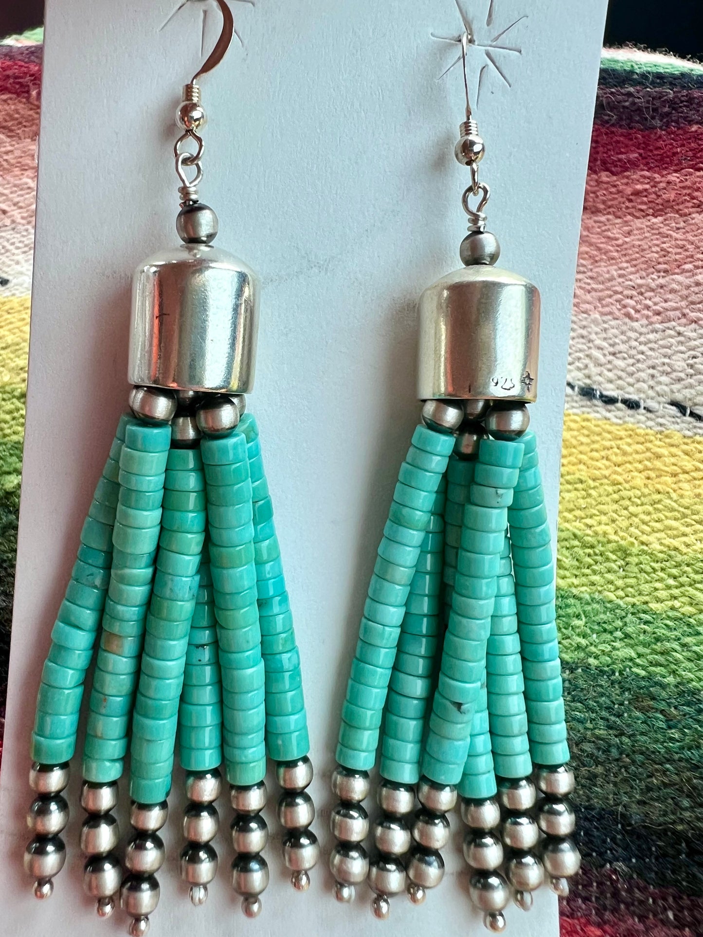 Southwest Handmade Sterling & Campitos Turquoise Tassel Dangle Earrings 3.5”