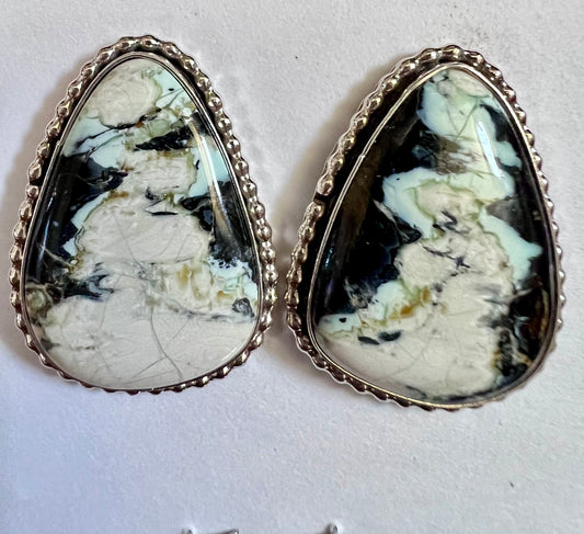 Navajo Handmade by Design Dustin Calvin. Sterling & New Lander Variscite Post Earrings 1 1/8”
