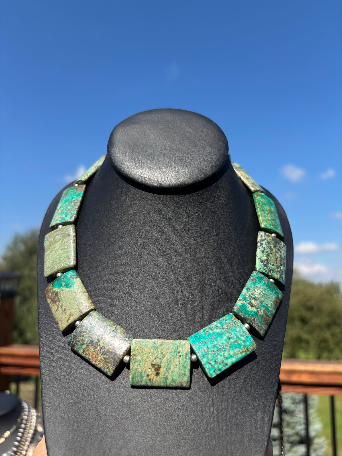 Chunky Turquoise Flat Rectangle Bead & Sterling bead Necklace 18”-20”
