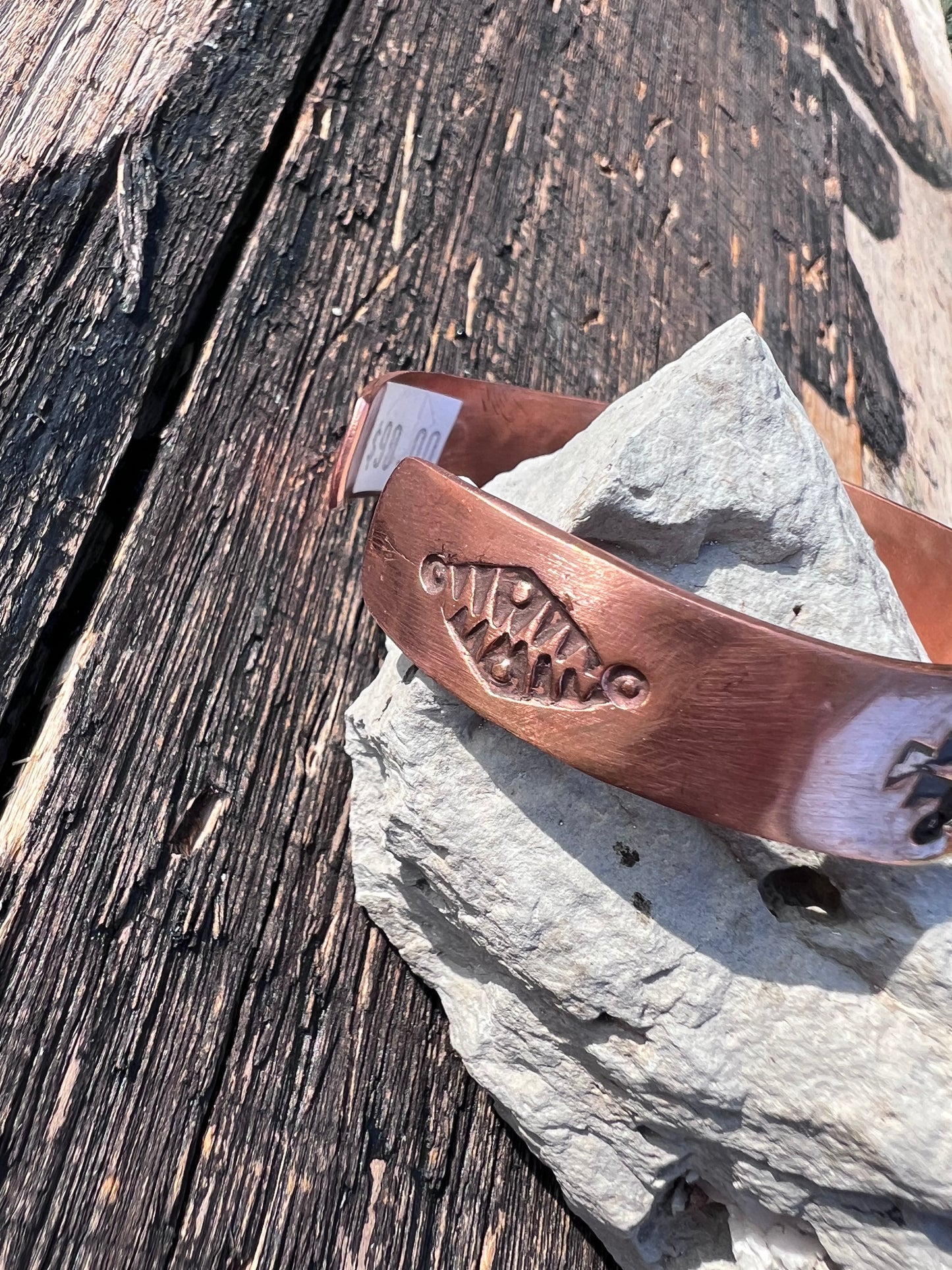 Navajo Handmade by L.C. Littl- Copper & Sterling Stamped Copper Cuff Bracelet Sz 7.25” 1/2 wide