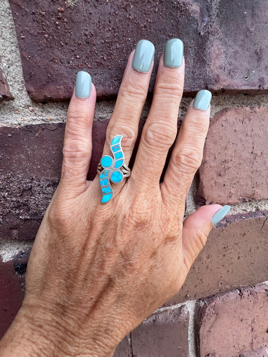 Vintage Native American Handmade Sterling & Turquoise Inlaid Ring Sz 6.75