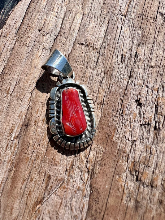 Native American Sterling & Red Mediterranean Coral Pendant 2.25” w/bale