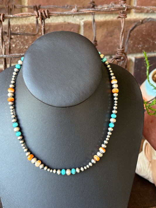 Sterling Silver, Turquoise & Orange Spiny 3-6mm Bead 14”-16”Necklace
