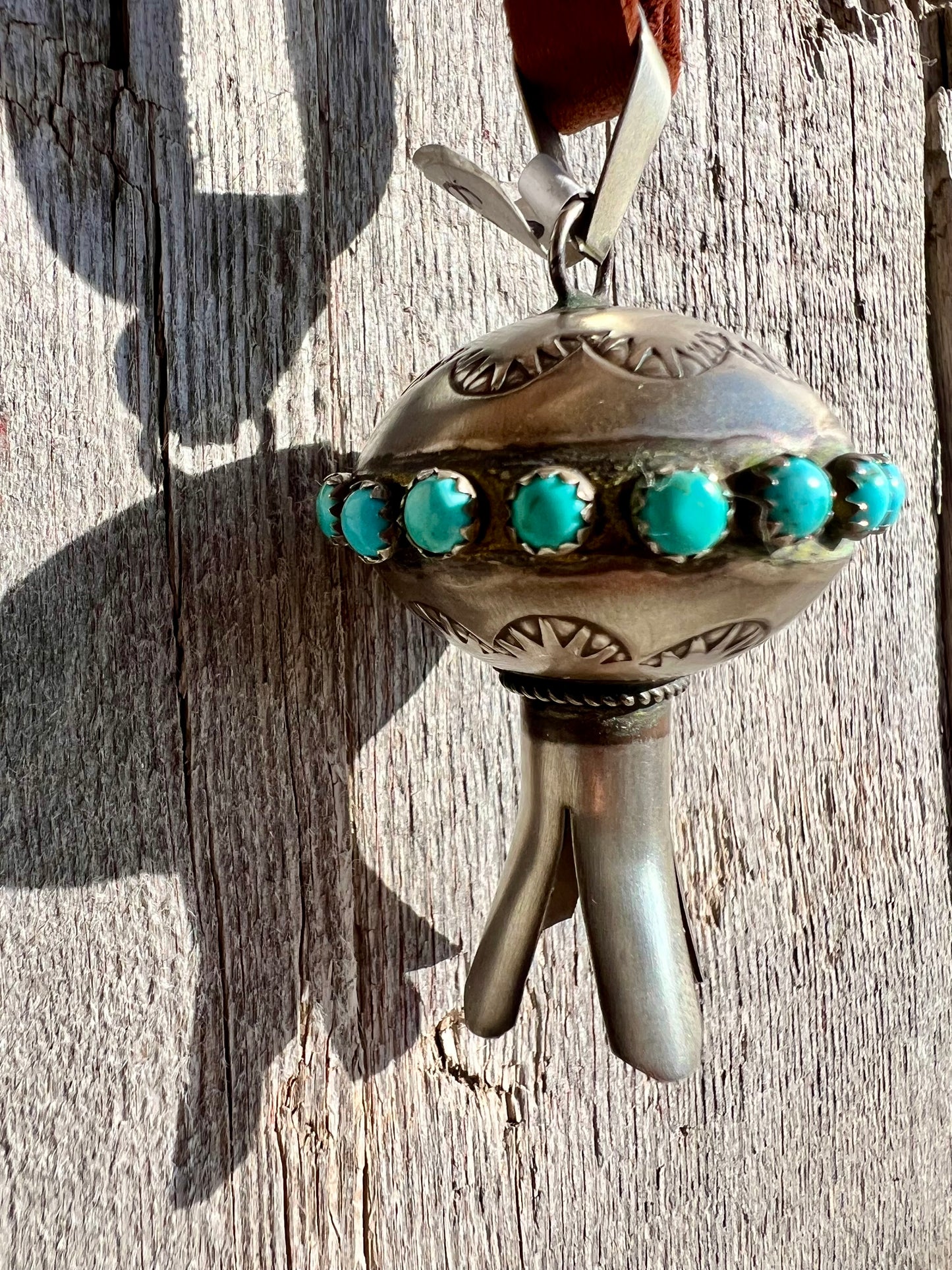 Navajo Handmade by the talented Monica Smith, Sterling Silver & Turquoise Stamped Blossom Pendant 2.4”