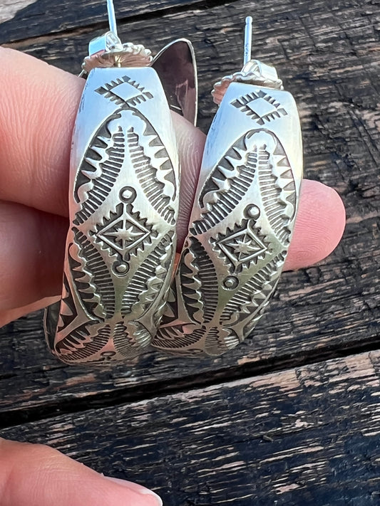 Native American Handmade by Vincent Platero- Large Sterling Stamped Hoop Post Earrings 2”