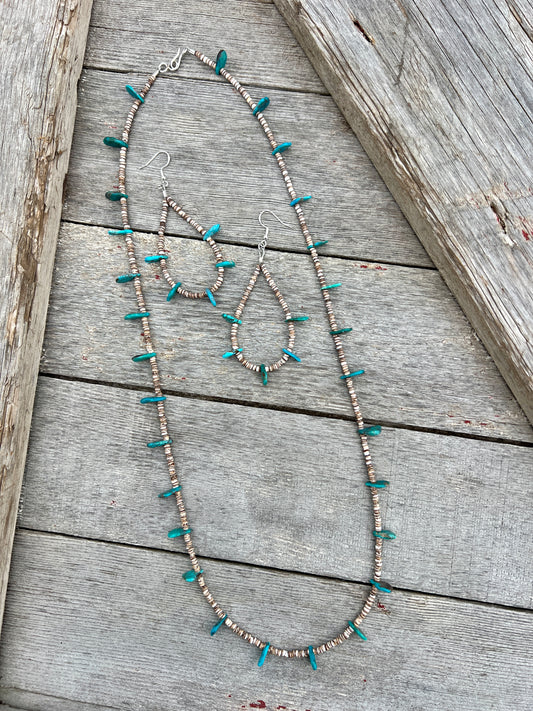 Olive Shell Heishi & Turquoise Tab Bead Necklace 28.5” & Earrings 3.5” Set