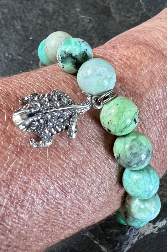 Variscite 10mm Bead Stretch Bracelet with Sterling Horn Toad Charm Sz 7.5