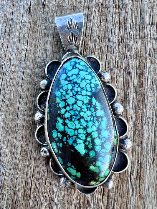 Native American Handmade Sterling & Sky Horse Turquoise Pendant 2.75” x 1 5/8” w/bale