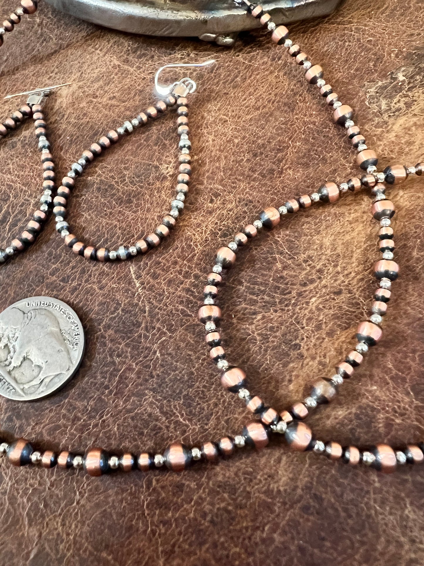 Copper & Sterling Silver 2-4mm Bead Necklace 14-16”, Bracelet 7-8” & Earrings 2.5” SET