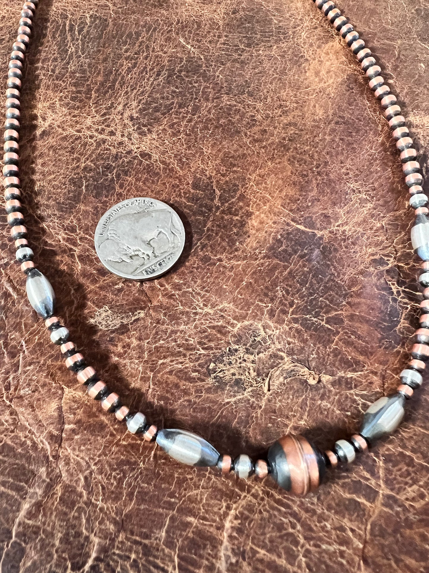 Copper & Sterling Silver 4-10mm Bead Necklace 20-22”