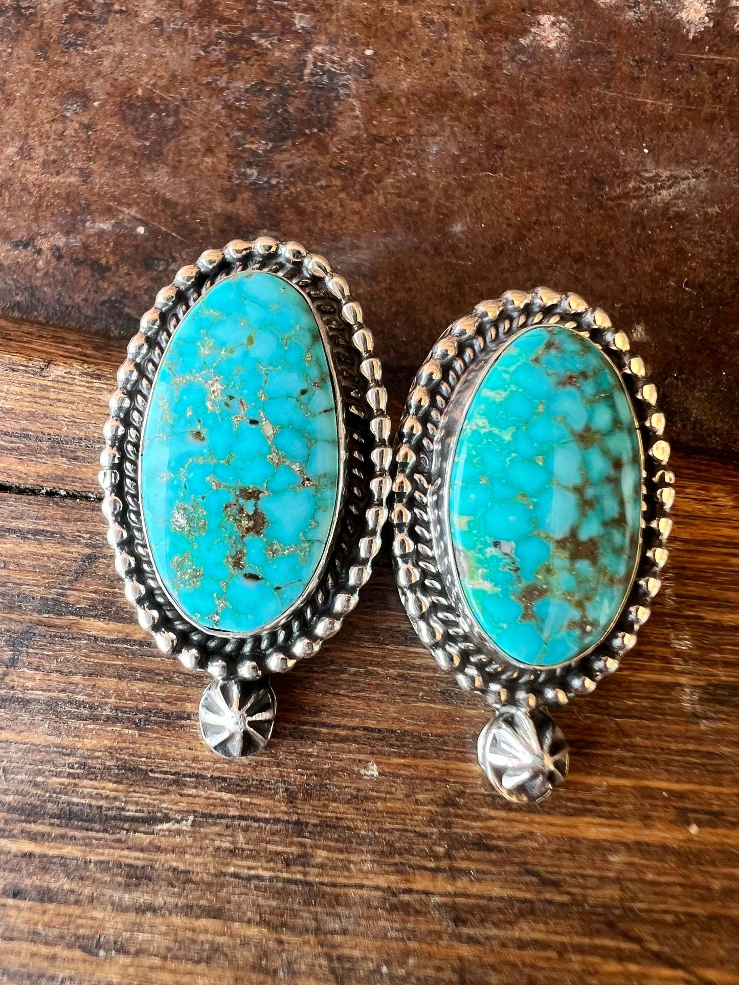 Navajo Handmade by Darrell Wylie- Waterweb Kingman Turquoise & Sterling Silver Post Earrings 1” x 3/4”