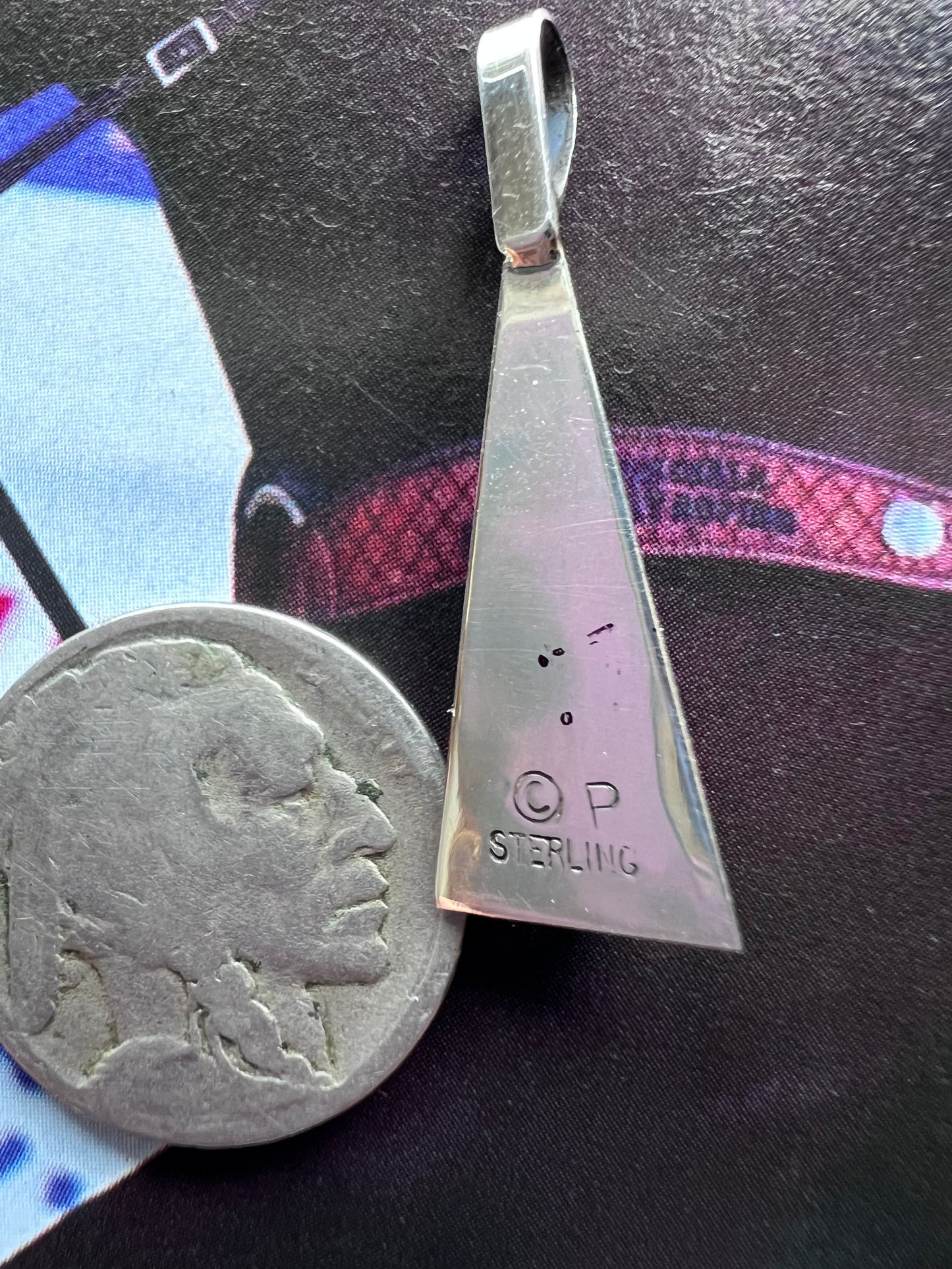 Native American Handmade Sterling & Turquoise Shadowbox Tepee Pendant 1.3” x .4”