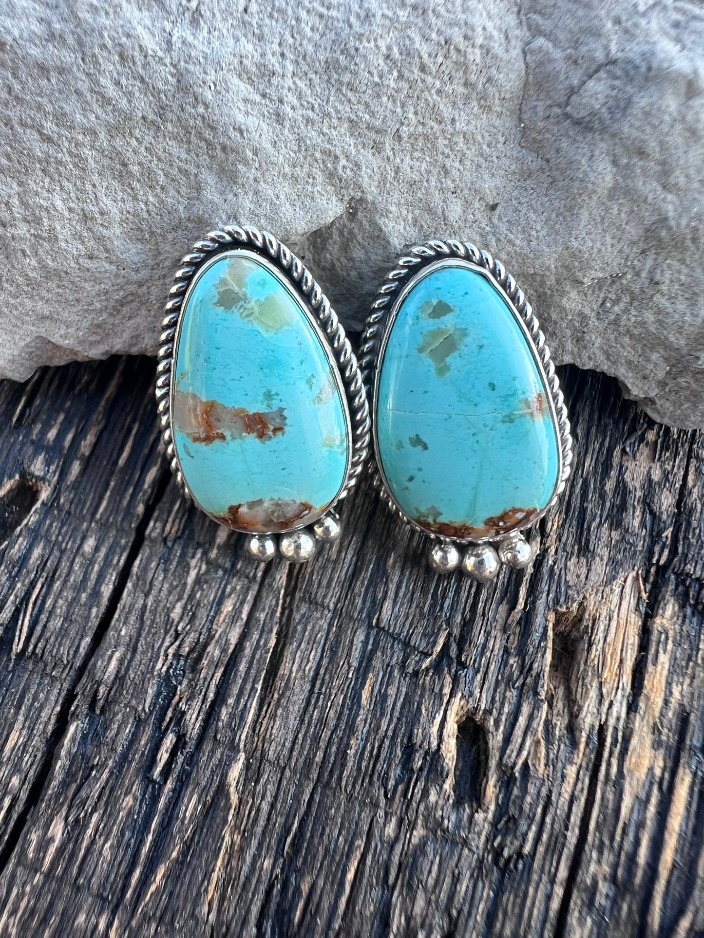 Native American Handmade Turquoise & Sterling Post Earrings 1”
