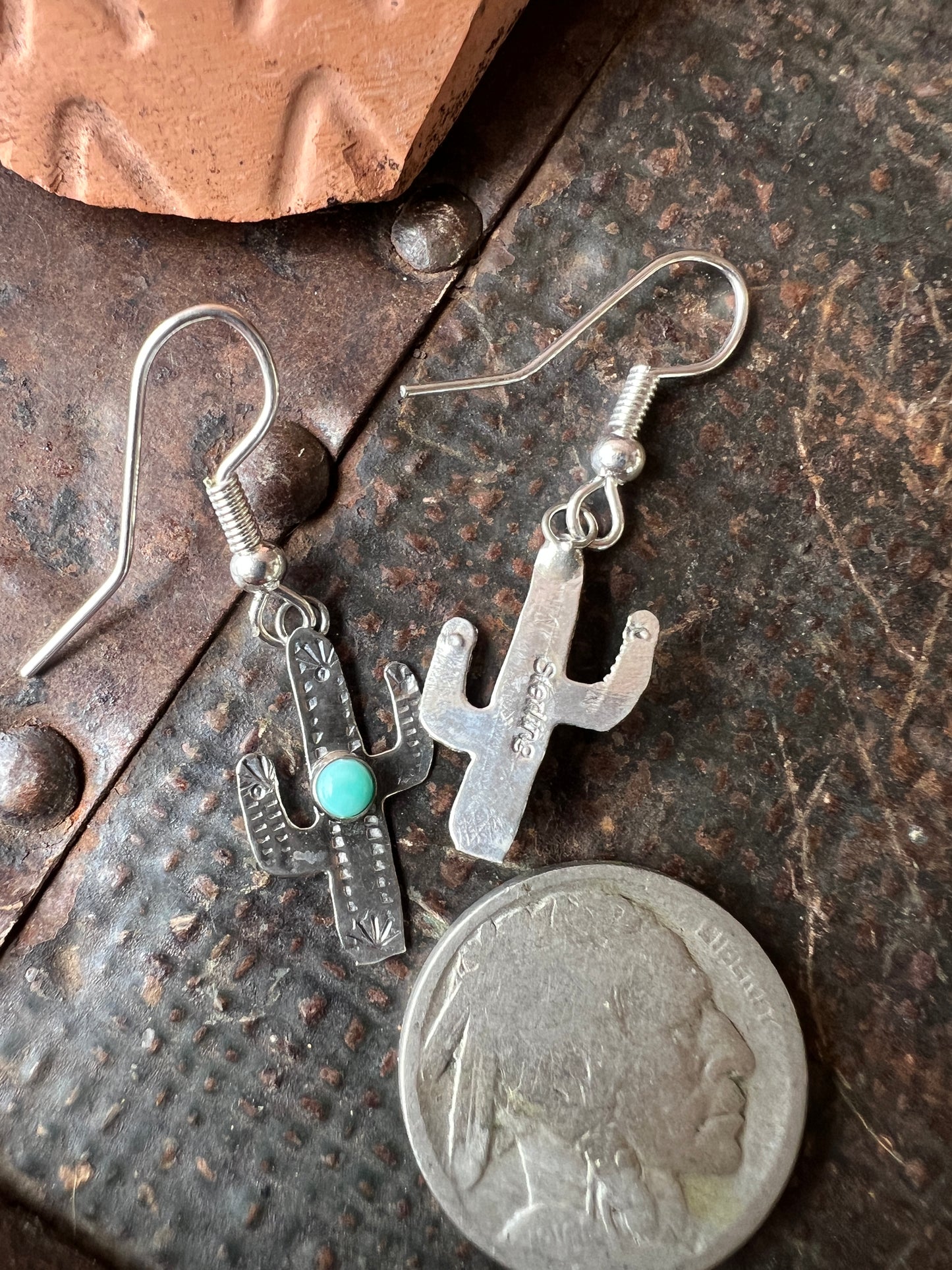 Dainty Handmade by Lucille Platero (Navajo) Turquoise & Sterling Silver Saguaro Cactus Earrings 1 3/8” Length