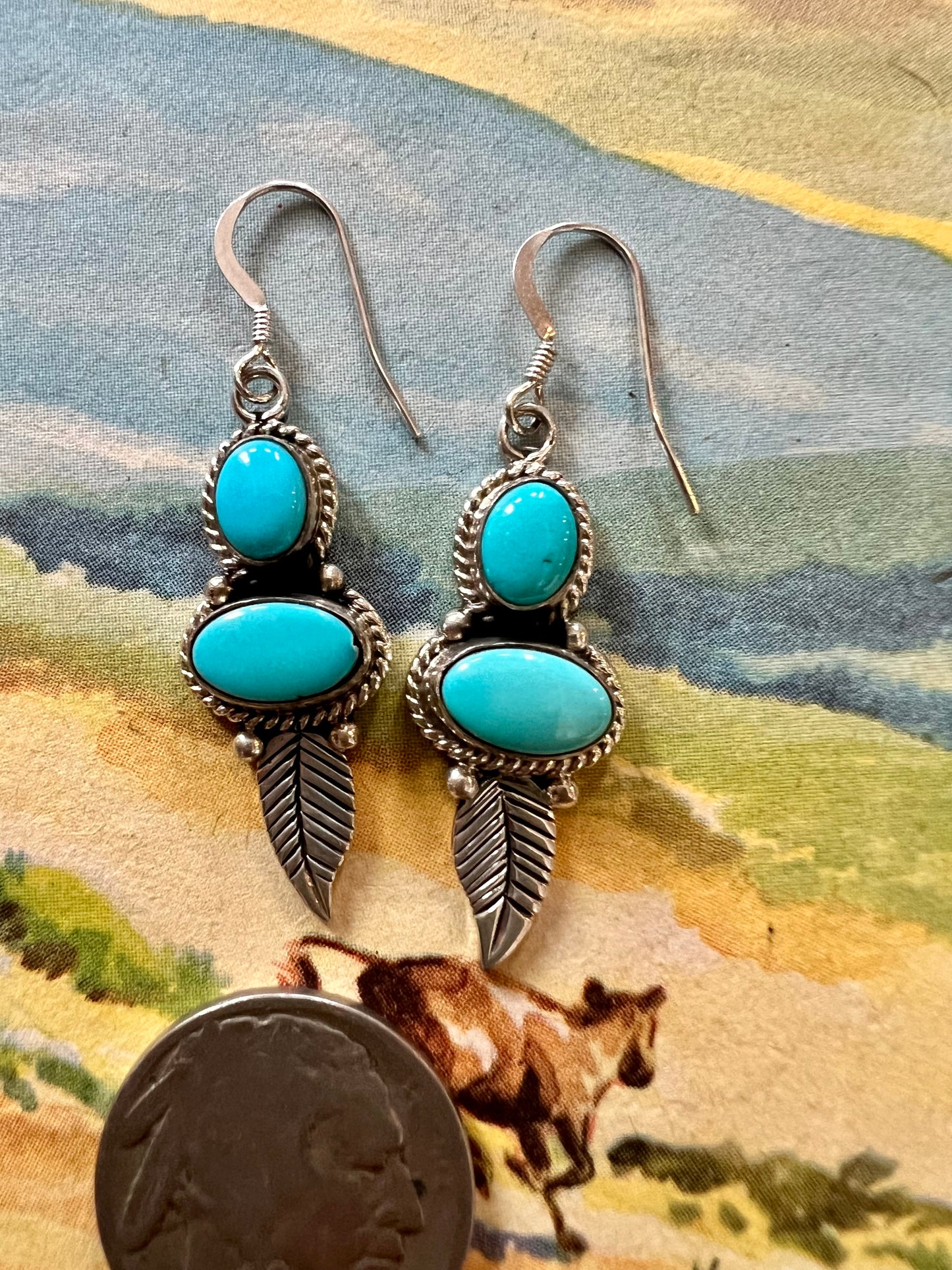 Navajo Handmade by E. Wylie. Sleeping Beauty Turquoise 2-stone & Sterling Silver Dangle Feather Earrings 1 3/4”