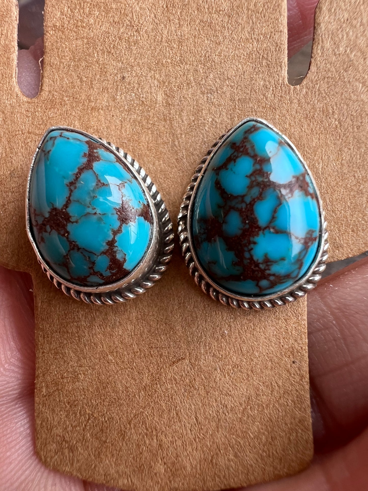 Navajo Handmade Sterling & Prince Turquoise Post Earrings 3/4”