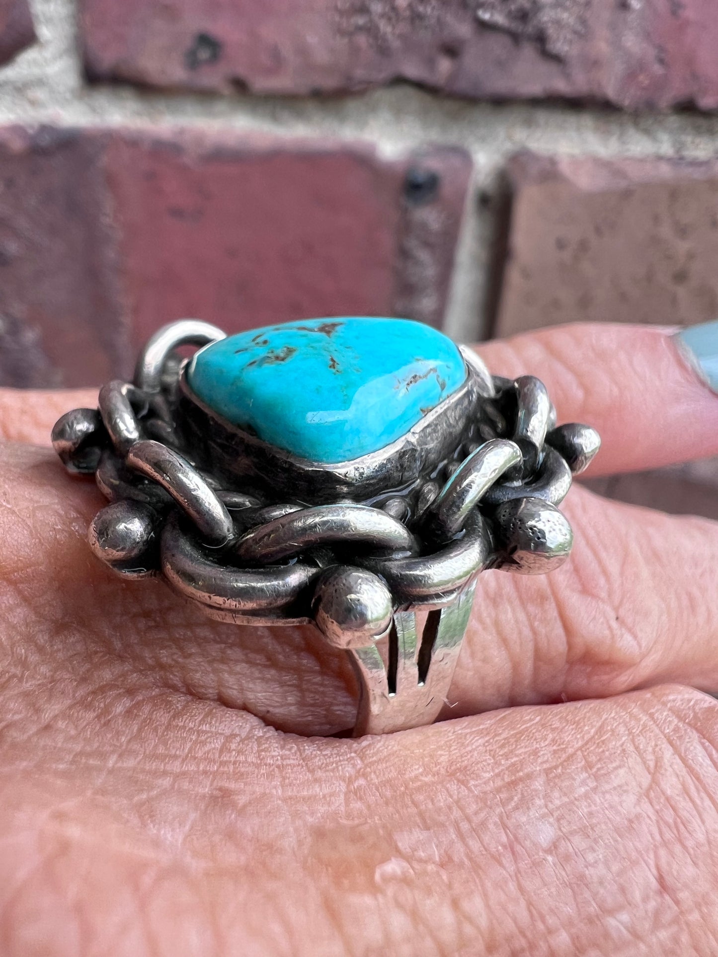 Vintage Handmade Heavy Sterling & Turquoise Ring Sz 8