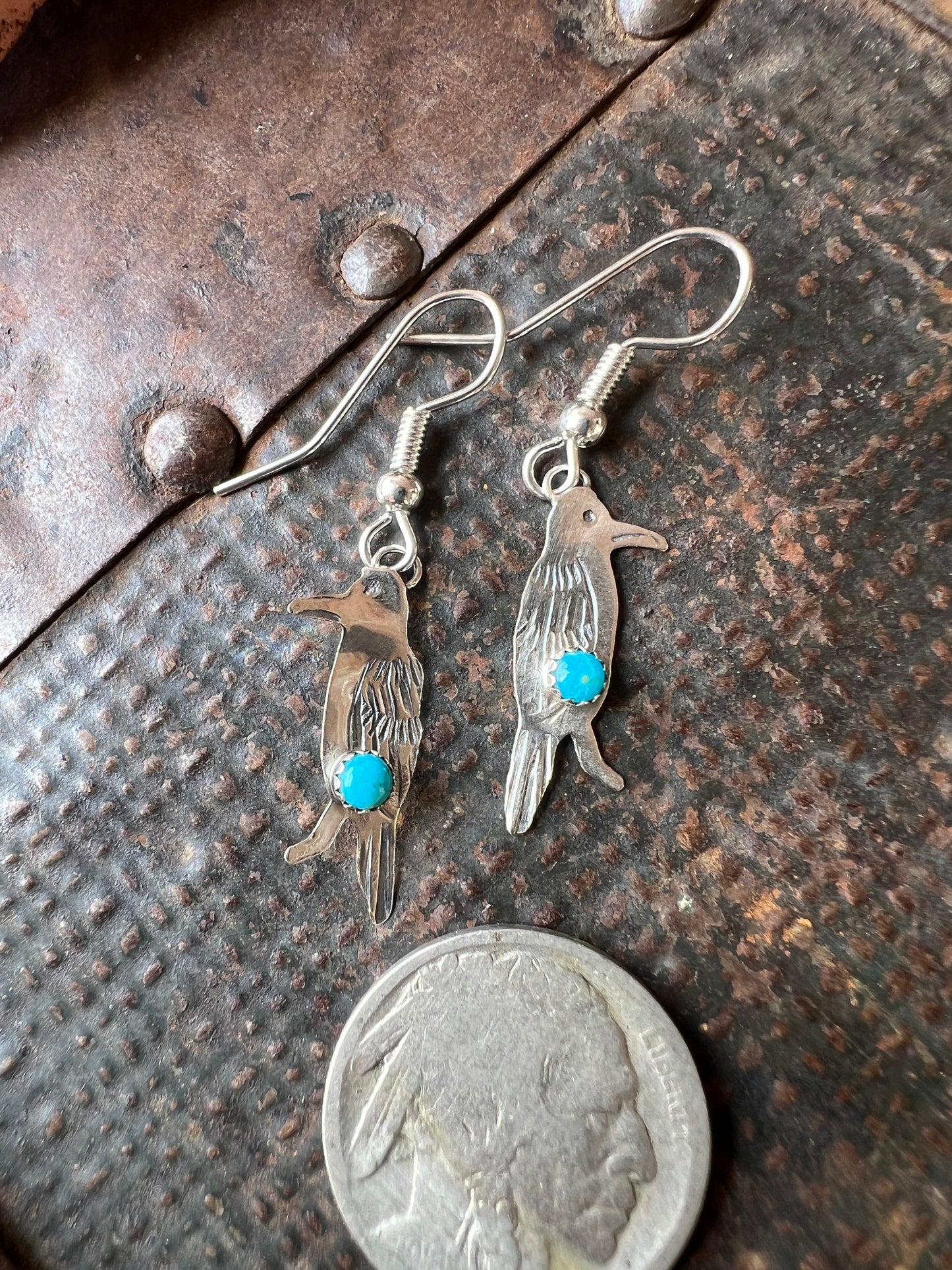 Dainty Handmade by Lucille Platero (Navajo) Turquoise & Sterling Silver Crow Earrings 1.5” Length