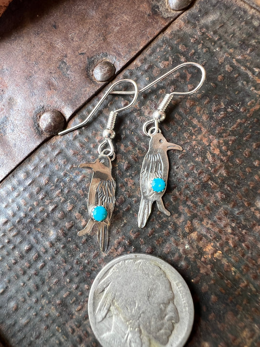 Dainty Handmade by Lucille Platero (Navajo) Turquoise & Sterling Silver Crow Earrings 1.5” Length