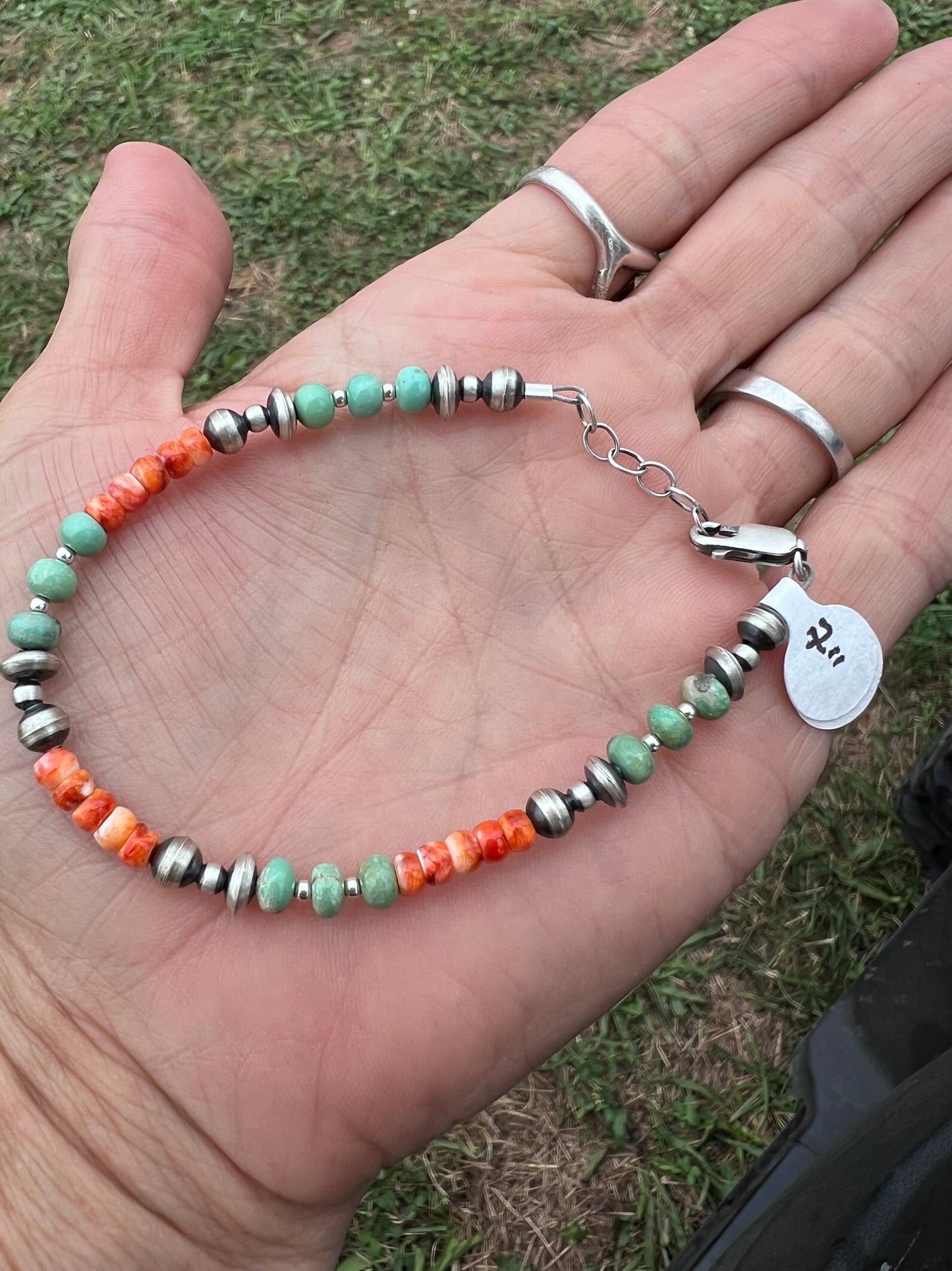 Sterling, Orange Spiny & Turquoise Beaded 3-6mm Bracelet Sz 6-7”