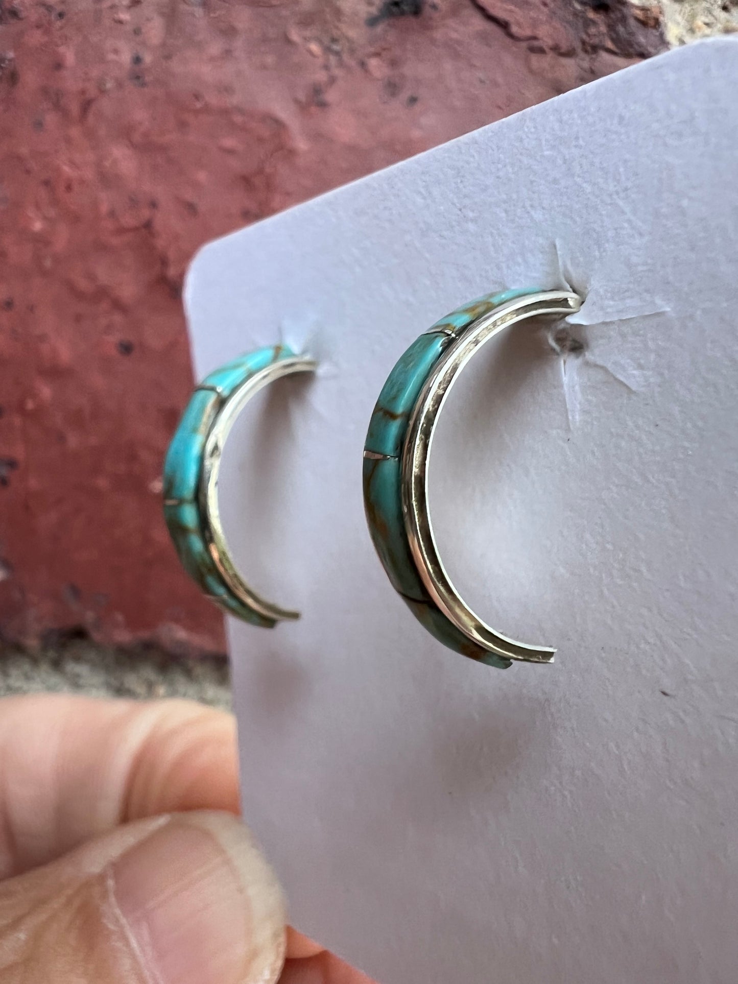 Handmade Sterling & Kingman Turquoise Inlay Half-hoop Post Earrings