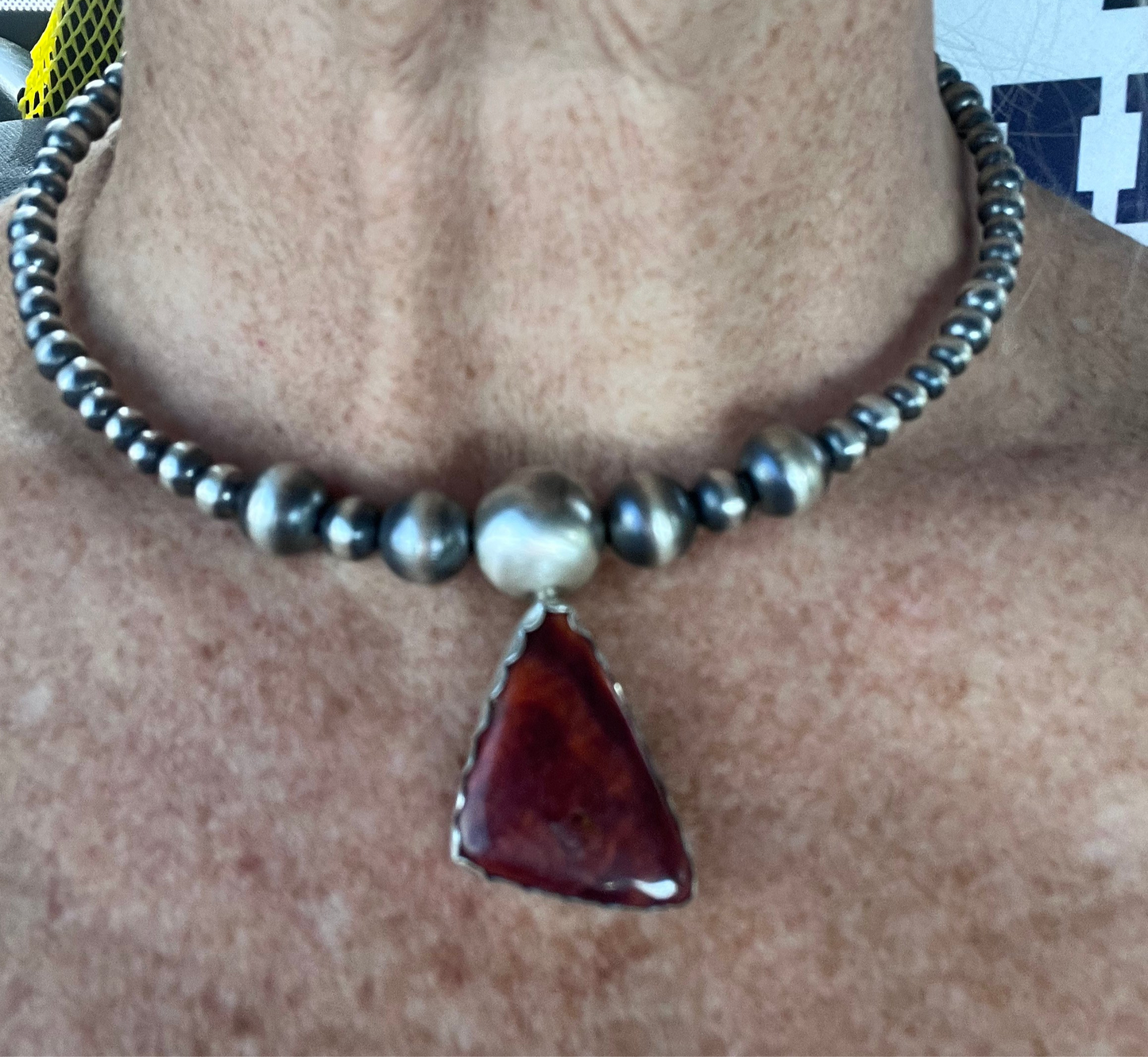 Handmade by Darrin Livingston- Sunset Spiny Oyster Pendant on 14” Memory Wire Choker Necklace