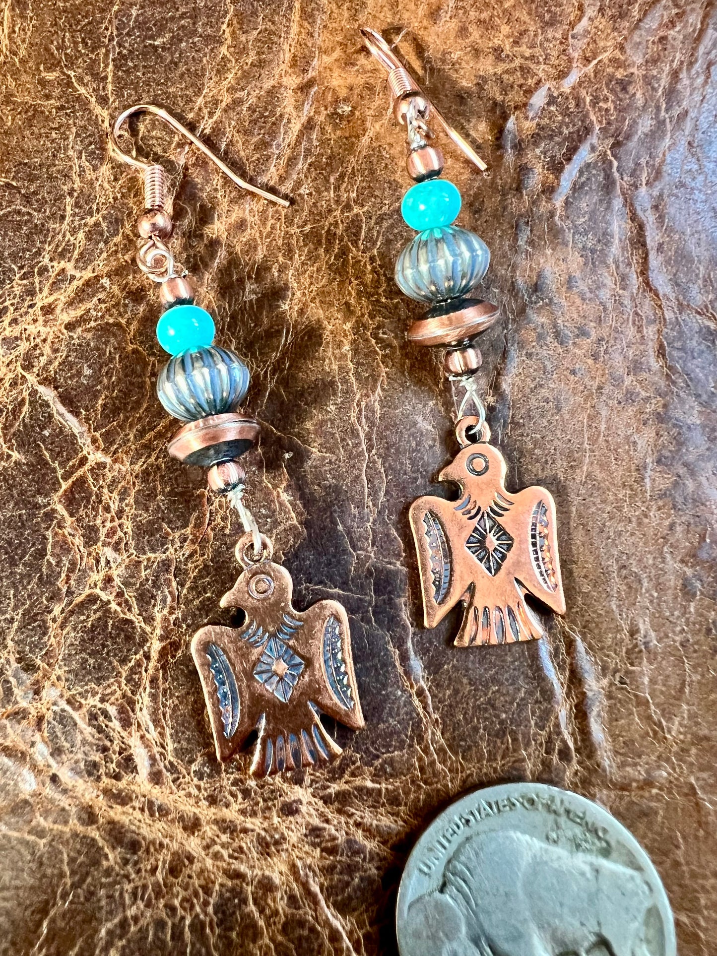 Copper, Sterling & Turquoise Bead Thunderbird Dangle Earrings 2.5”