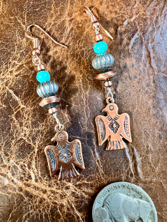 Copper, Sterling & Turquoise Bead Thunderbird Dangle Earrings 2.5”