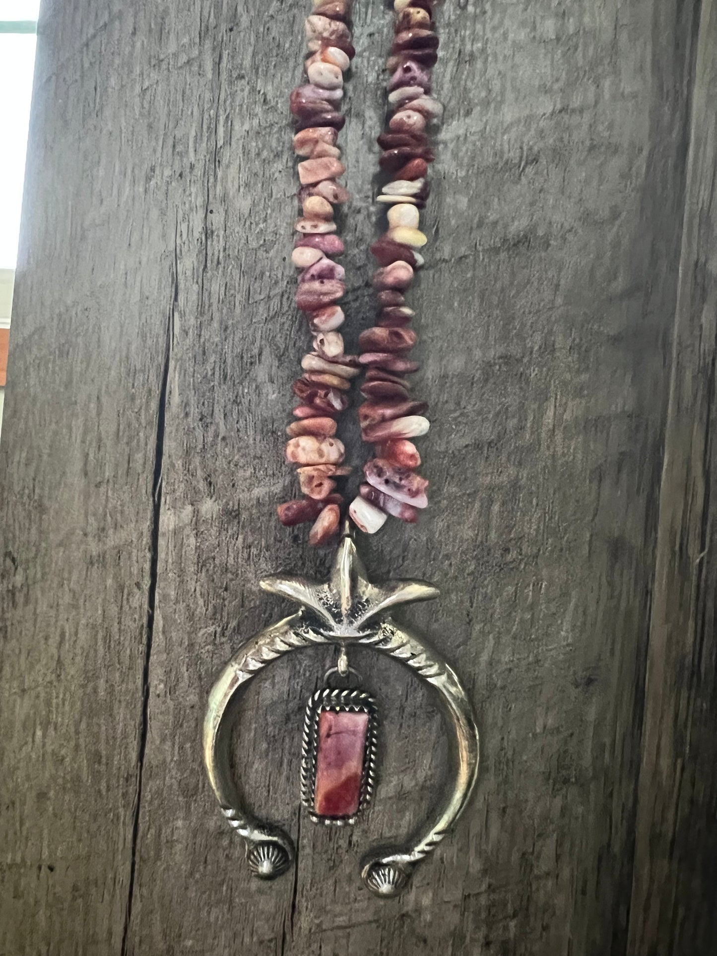 Vintage Navajo Handmade by Mary Cayatineto, Sunset Spiny Oyster & Cast Sterling Naja Pendant on a Spiny Chip Necklace 18”