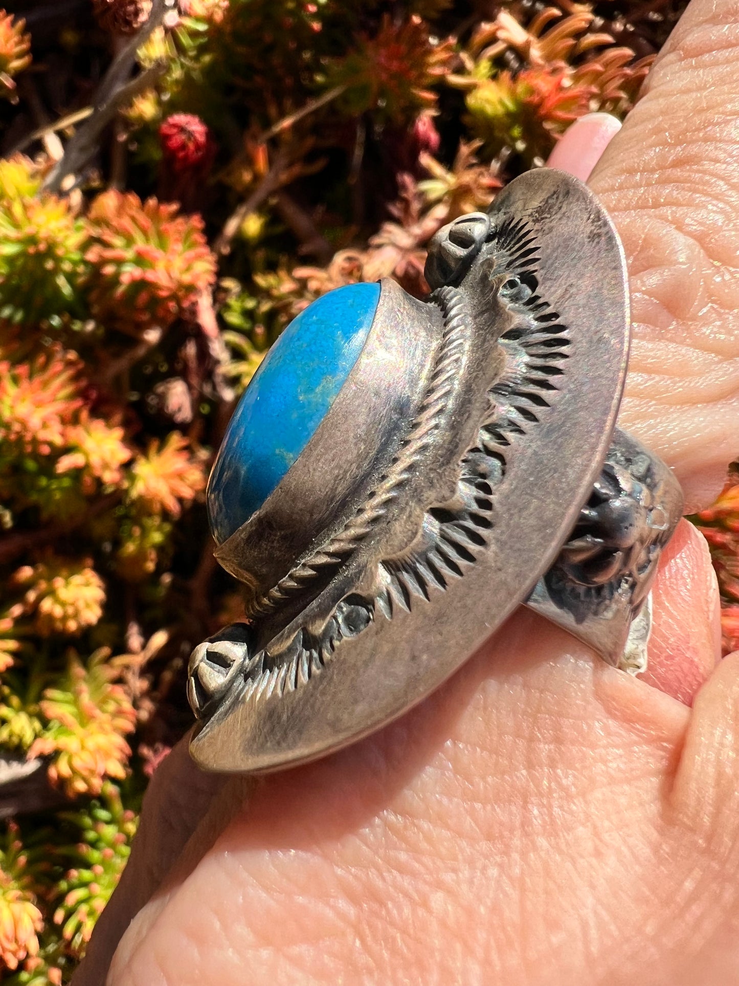 Rare Ceruleite & Sterling Silver Navajo Handmade by Bobby Johnson Sz 6