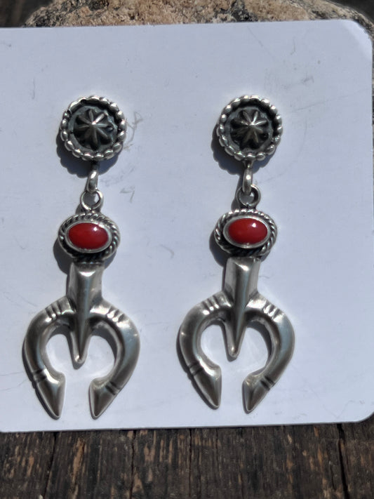 Sterling & Red Mediterranean Coral Post Dangle Earrings 1 7/8”