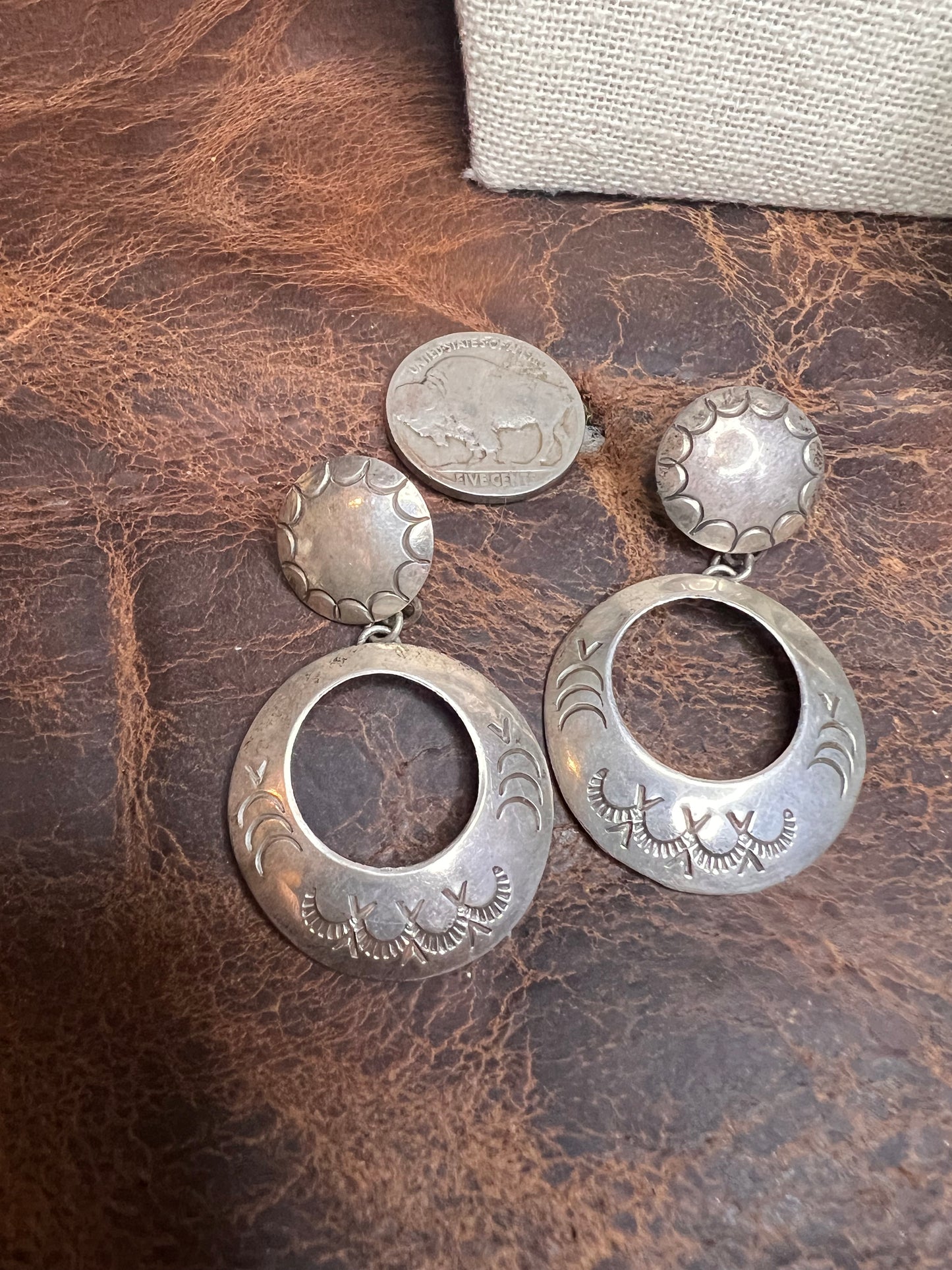 Vintage Handmade Sterling Silver Concho Post Dangle Hoops