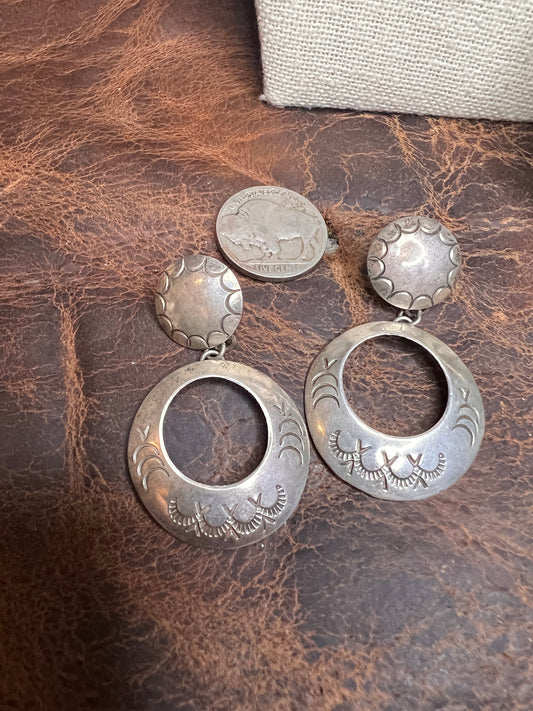 Vintage Handmade Sterling Silver Concho Post Dangle Hoops
