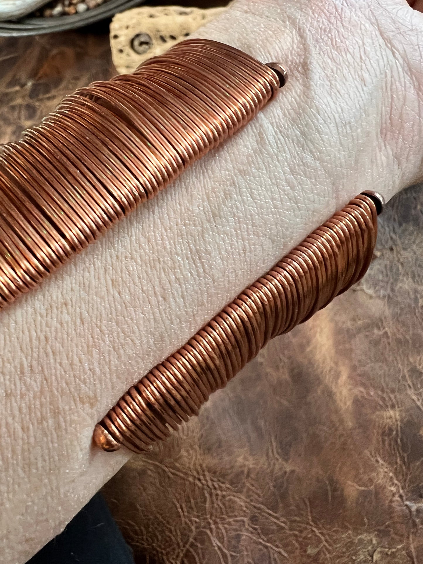 Long Copper Wire Cuff Bracelet 2.5” wide Sz 6 6/8”