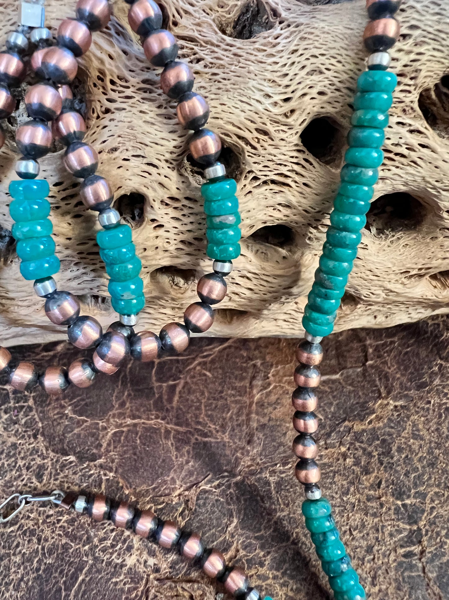 Copper Copper, Sterling & Tyrone Turquoise Bead 5mm Necklace 16”-18”, Bracelet 6-7” & Earrings 3” SET