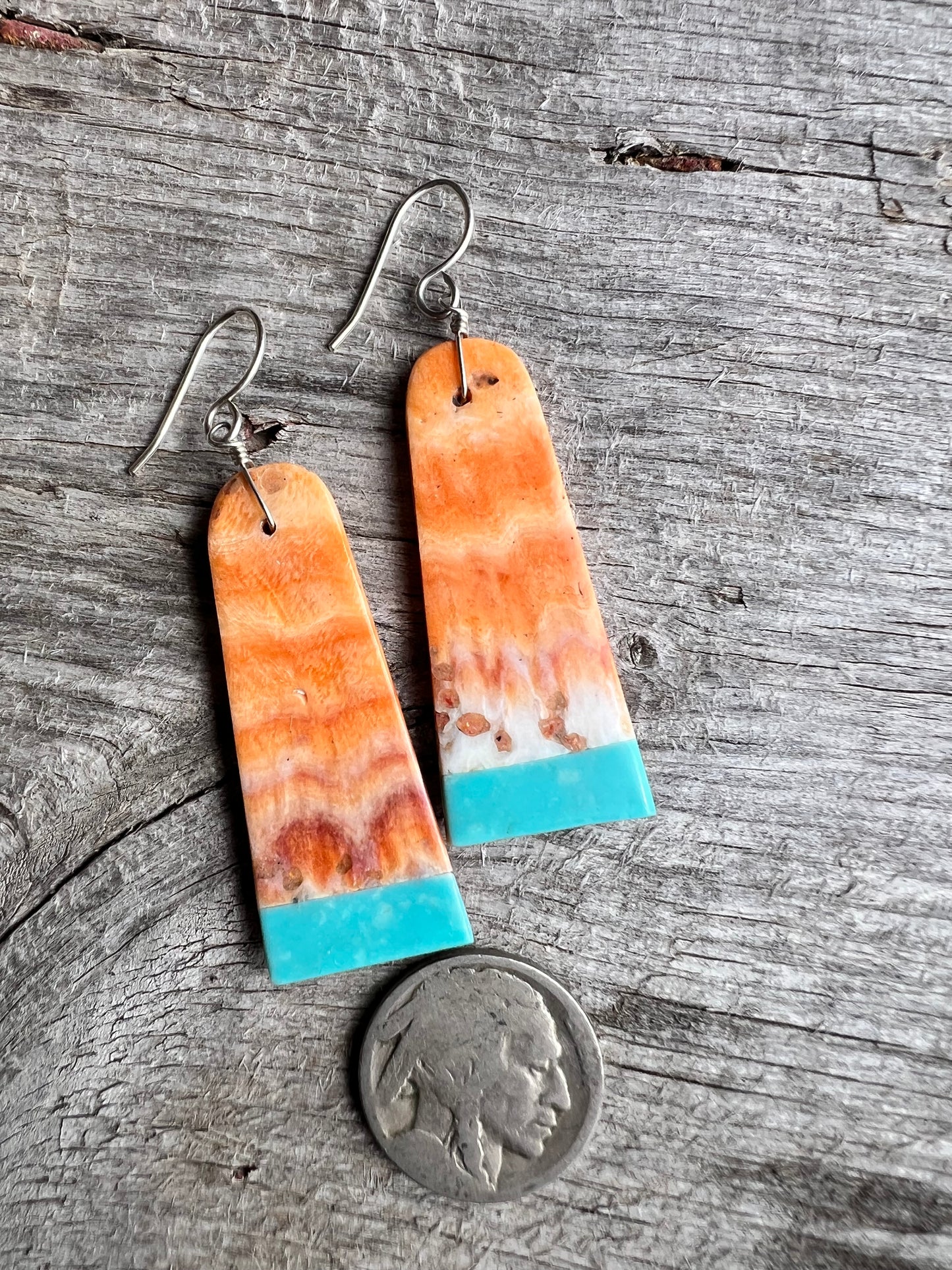 Handmade by Marcella Castillo- Orange Spiny & Turquoise Dangle Earrings 2.5” long