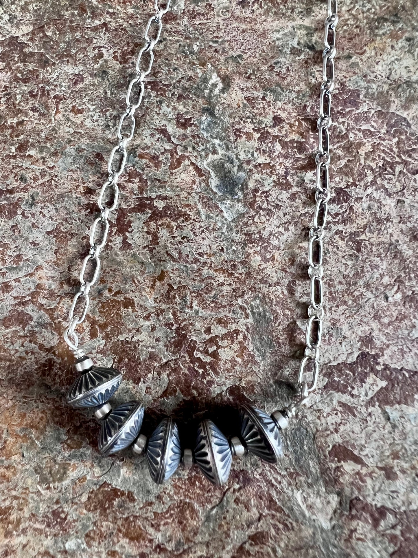 Sterling Silver Link Chain & Corrugated Oxidized Saucer 10mm Beads Necklace 16”