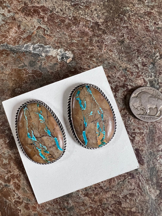 Native American Handmade Large Boulder Ribbon Turquoise Post Earrings 1.5”x1”