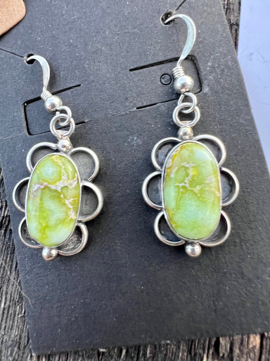 Navajo Handmade Sterling & Palomino Variscite Dangle Earrings 1.5”