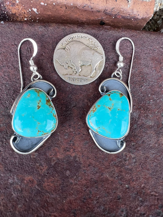 Native American Handmade by Miranda Willie.  Sterling & Campitos Turquoise Dangle Earrings 2” long